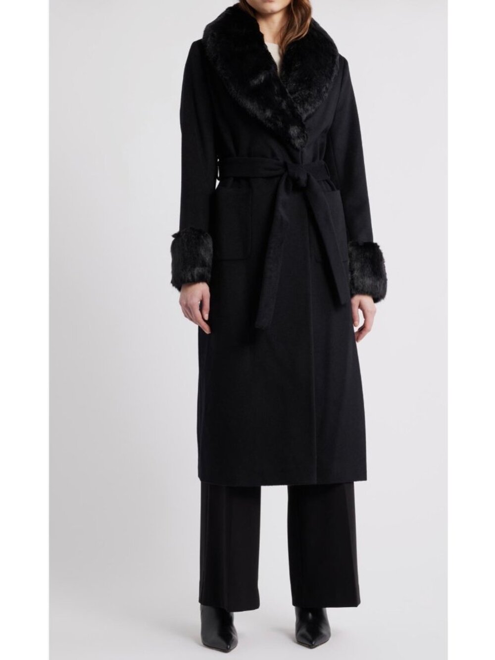 Via Spiga black Wool Blend Coat with Faux Fur Trim coat size S